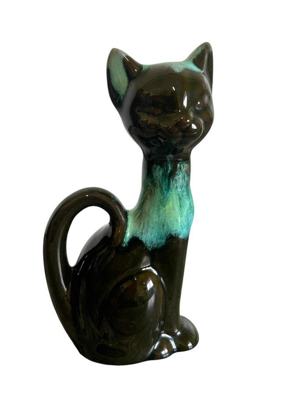 Vintage Blue Mountain Pottery Cat Figurine MCM Green Drip Glaze 6”